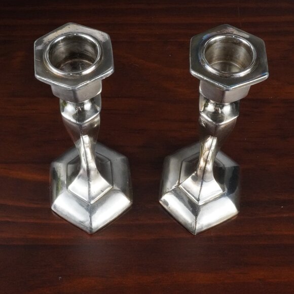 Pair of Vintage Silver Tone Art Deco Candle Holders 1930's Candle Stick Holders - Picture 4 of 16